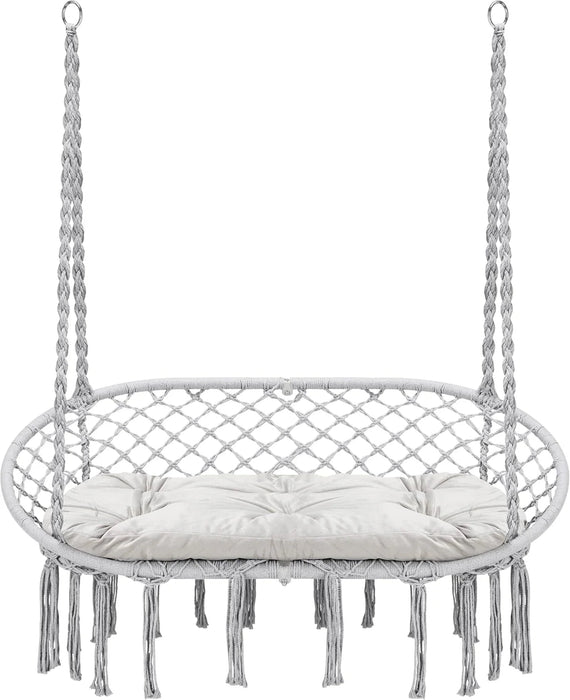 Hammock Chair Macrame Hanging Swing with Cushion,Hanging Cotton Ropes, Metal Frame, 450 lbs Capacity Indoor Outdoor, Patio, Balcony, Living,Deck, Yard, Garden(Double Swing) Beige