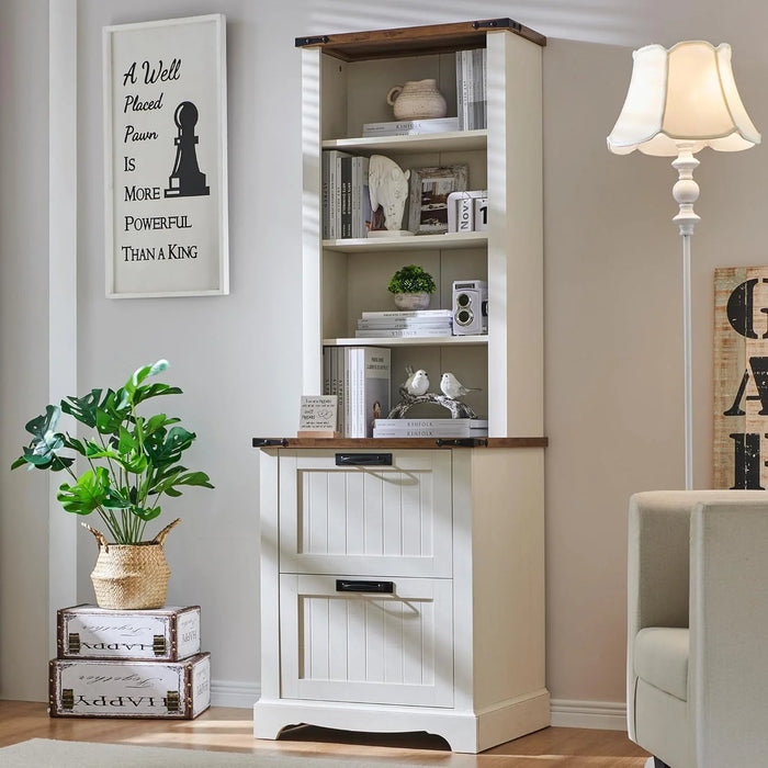 Bookcase with 2 File Drawers, 72" Tall Farmhouse Bookshelf with Storage and Adjustable Shelves, 4 Tier Rustic Wood Bookshelf with Cabinet for Home Office, Living Room (Antique White)
