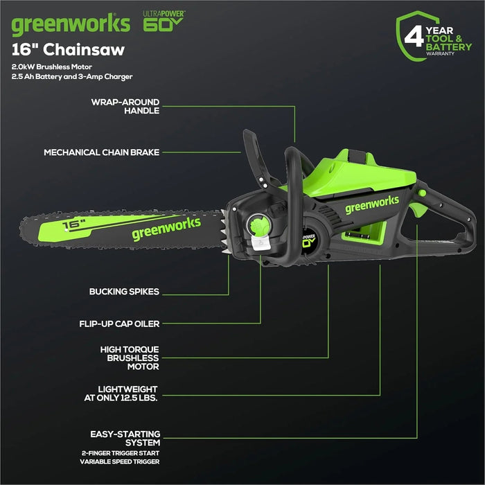 40V 16" Brushless Cordless Chainsaw, 4.0Ah Battery and Charger Included