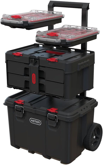 Modular Tools Organizer for Garage Storage and DIY, 3 Piece Resin Rolling Tool Box System for Small Parts