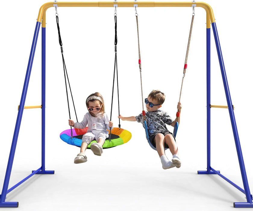 Swing Sets for Backyard, Toddler Swing Set with 2 Seat 1 Saucer & 1 Belt Seat, 440lbs Heavy-Duty Swing Frame w/8 Ground Stakes, A Frame Outdoor Swingset for Kids and Adults for Backyard