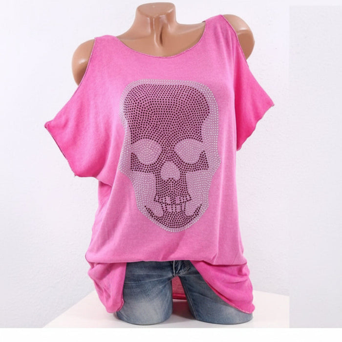 Pink oversized shirt with a skull design on a mannequin against a white background