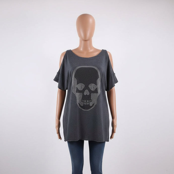 Gray oversized shirt with a skull design on a mannequin against a white background