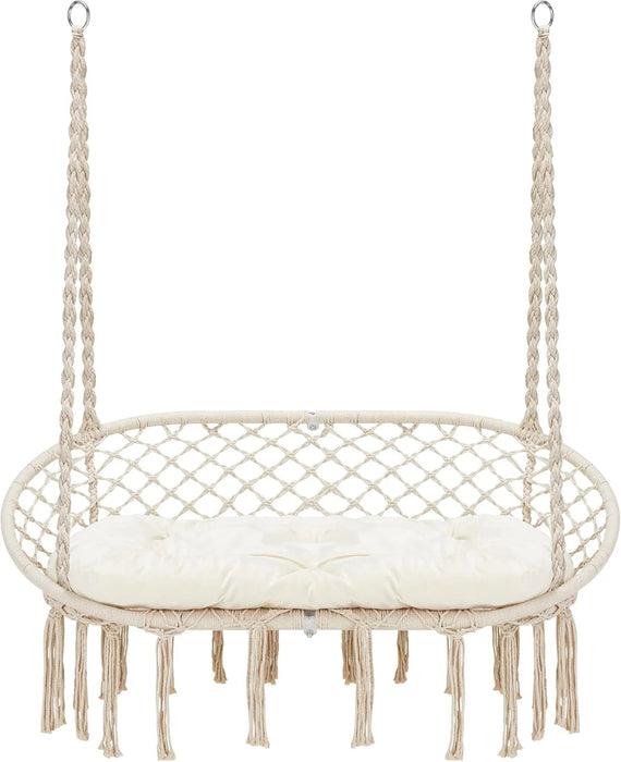 Hammock Chair Macrame Hanging Swing with Cushion,Hanging Cotton Ropes, Metal Frame, 450 lbs Capacity Indoor Outdoor, Patio, Balcony, Living,Deck, Yard, Garden(Double Swing) Beige