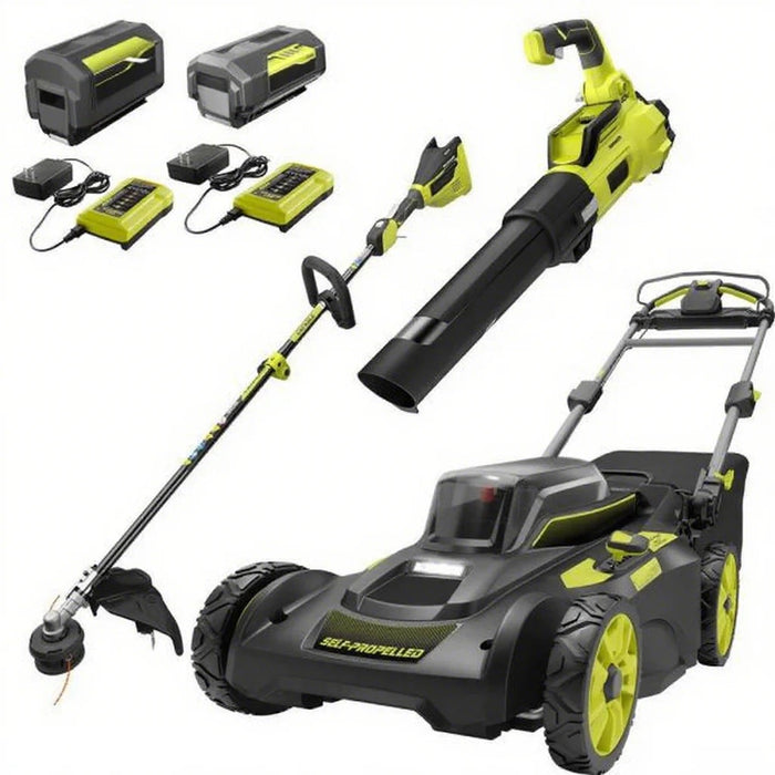 40V Brushless 20 in. Walk Behind Self Propelled Mower String Trimmer Leaf Blower with (2) Batteries and (2) Chargers