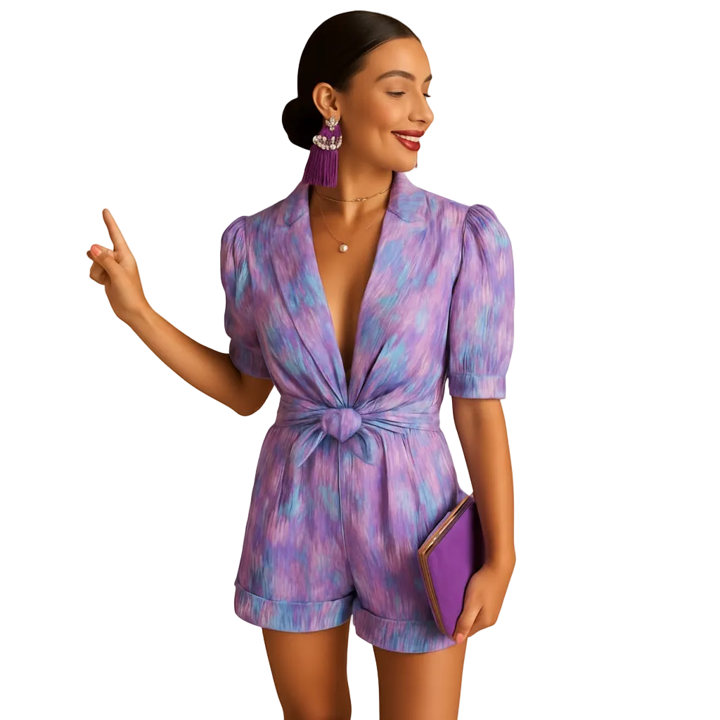 close up of belted waist detail on printed jumpsuit