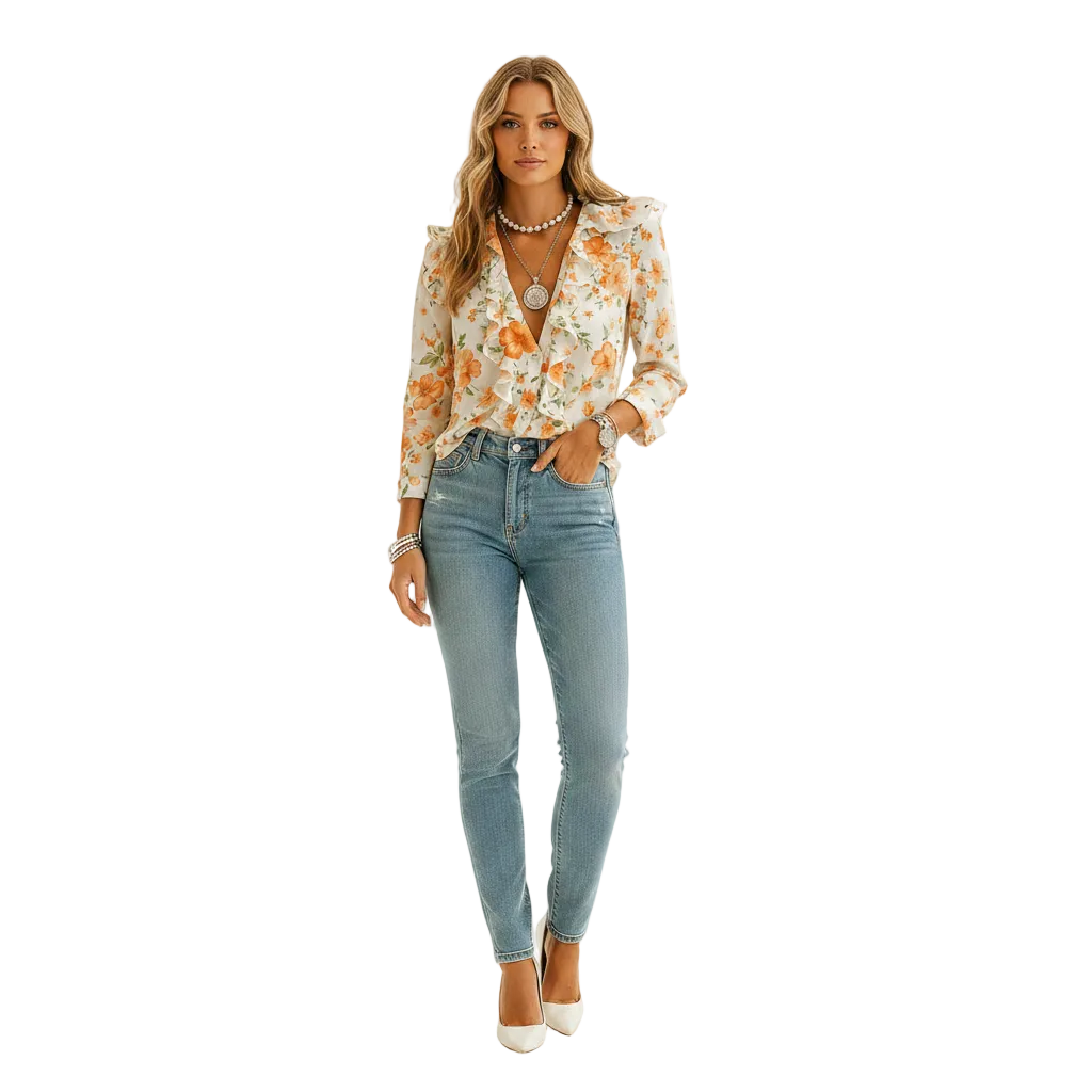 woman wearing butterfly print ruffle blouse with long sleeves shown in full front view outfit
