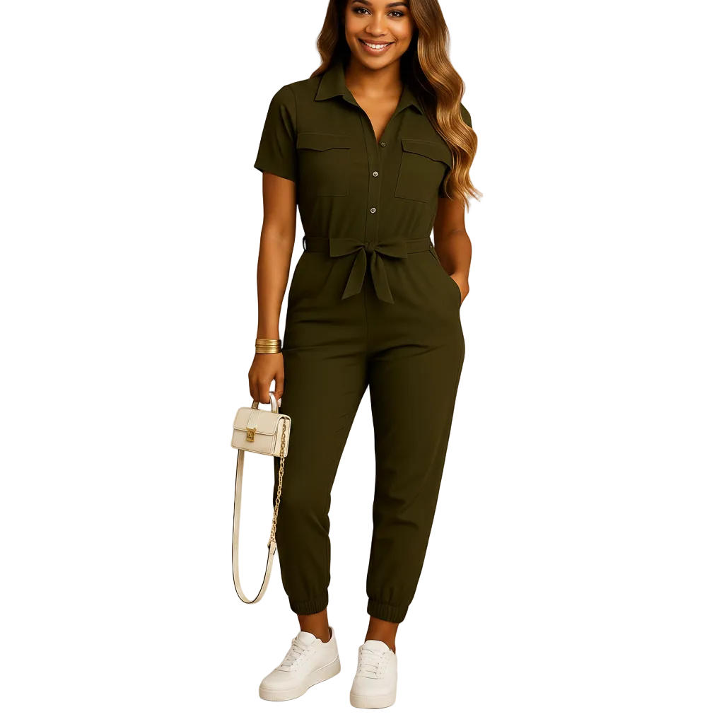woman wearing button front tailored jumpsuit with slim silhouette shown in full front view outfit