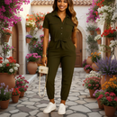 woman wearing button front tailored jumpsuit with slim silhouette shown in full front view outfit