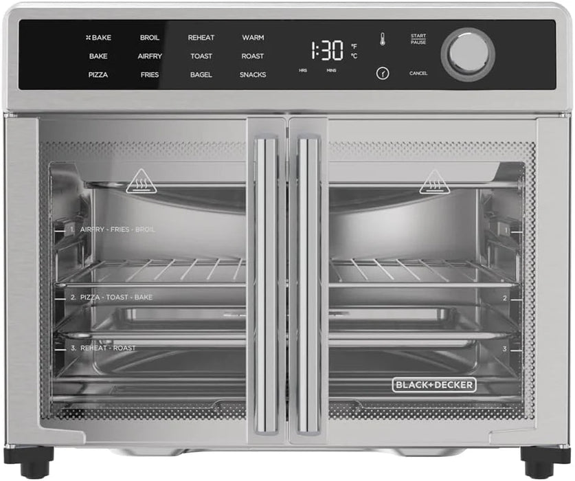 Air Fryer Toaster Oven Combo, 12 in 1 Countertop Convection Oven Cooks Food Fast, Fits a Whole Pizza or 6 Toast Slices, French Doors with Stainless Steel Finish.