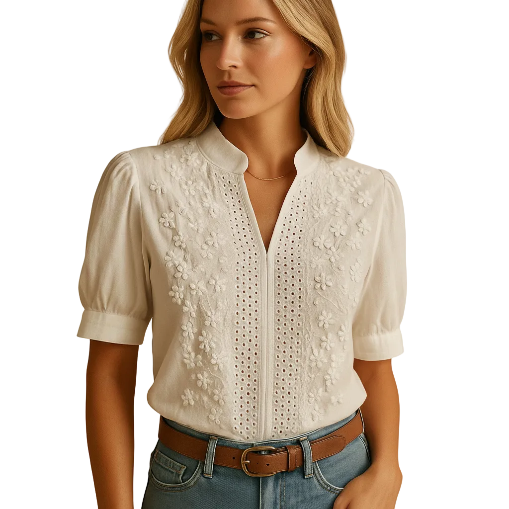 woman wearing classic white button blouse with lightly tailored fit shown in full front view outfit