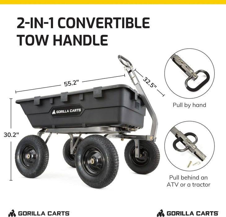 Heavy Duty Poly Utility Dump Wagon Garden Cart w/Pneumatic Tires, 6 Cu Ft - 1200 lb Capacity Outdoor Wheelbarrow for Yard, Landscaping & Gardening, Lawn Tractor or ATV Towable-Gorilla Carts