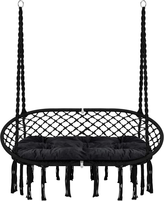 Hammock Chair Macrame Hanging Swing with Cushion,Hanging Cotton Ropes, Metal Frame, 450 lbs Capacity Indoor Outdoor, Patio, Balcony, Living,Deck, Yard, Garden(Double Swing) Beige
