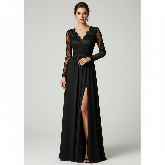 Woman wearing a black lace evening gown in an indoor setting.