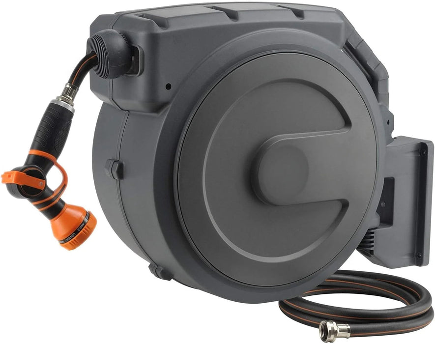 Retractable Garden Hose Reel 1/2 Inch x 130 ft, Super Heavy Duty, Any Length Lock, Slow Return System, Wall Mounted and 180 Deg Swivel Bracket
