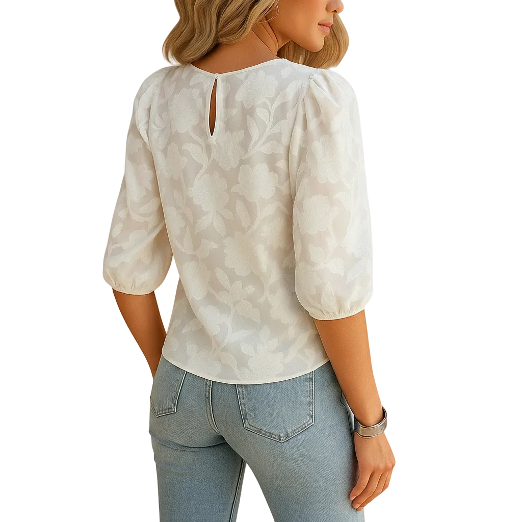 side view of floral blouse with comfortable silhouette and elegant style for women