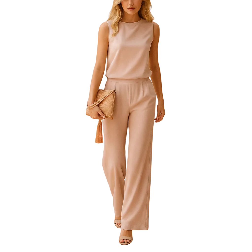woman wearing flowing wide leg jumpsuit with round neckline shown in full front view outfit