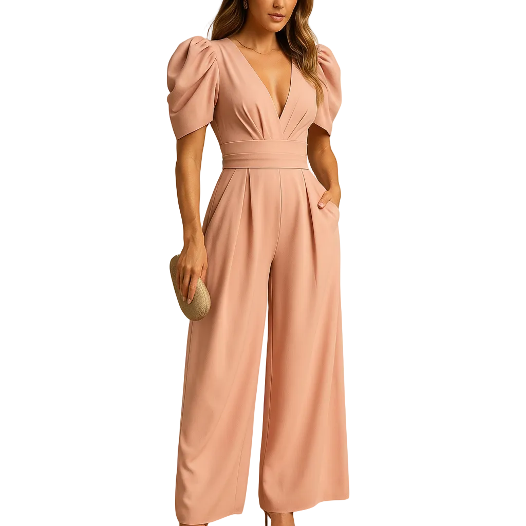 woman wearing full length elegant jumpsuit with flowing silhouette shown in full front view outfit