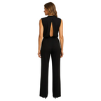 back view of sleeveless halter jumpsuit showing full length silhouette and clean structure
