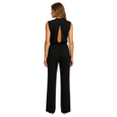 back view of sleeveless halter jumpsuit showing full length silhouette and clean structure