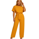 back view of lace up waist jumpsuit showing full length structure and clean silhouette