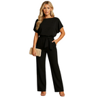 woman wearing lace up waist jumpsuit with tailored silhouette shown in full front view outfit