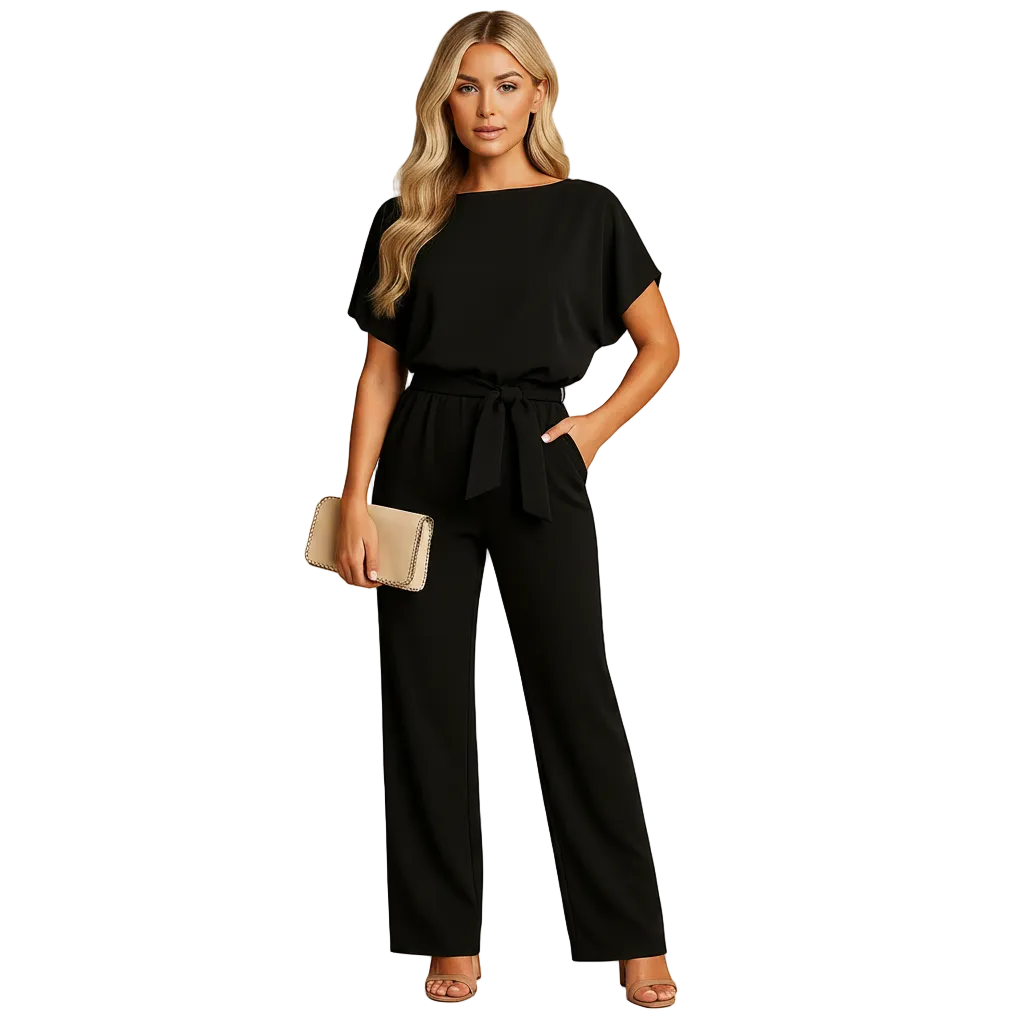 woman wearing lace up waist jumpsuit with tailored silhouette shown in full front view outfit