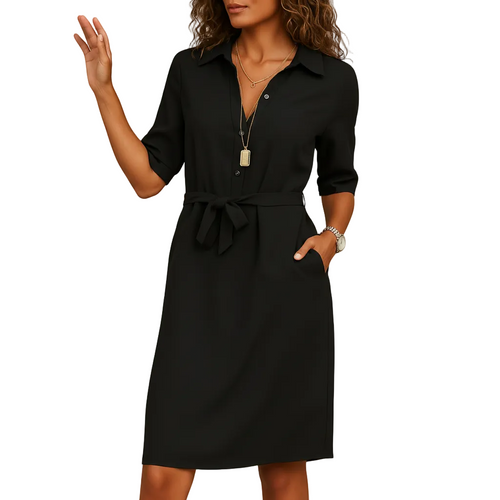 woman wearing modern midi dress with elegant silhouette shown in full front view outfit