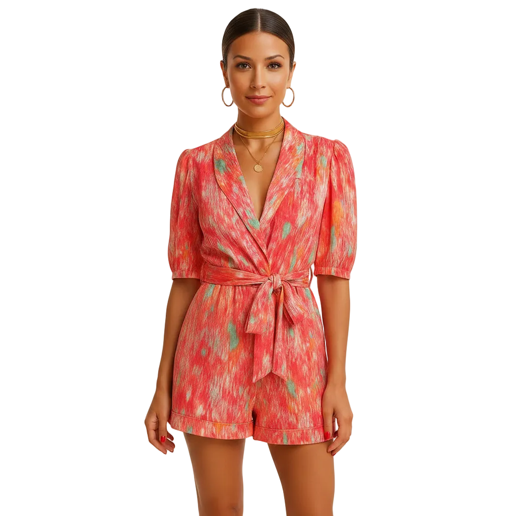 side view of printed jumpsuit with lightweight structure and casual silhouette for women