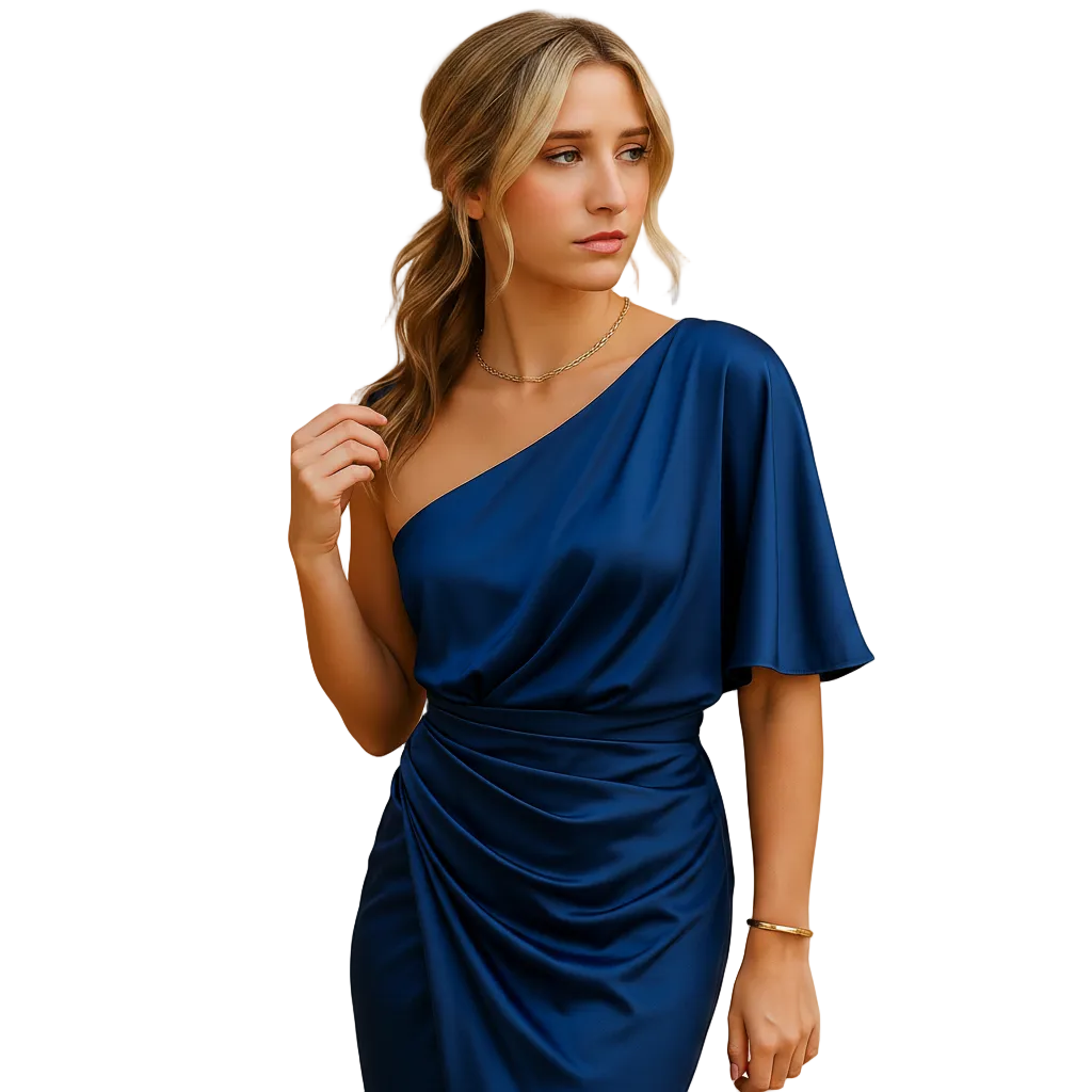 woman wearing slim silhouette dress with elegant structure shown in full front view outfit