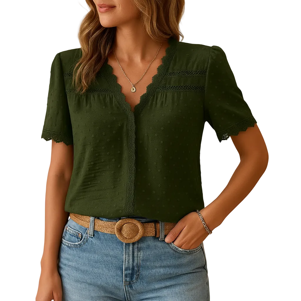 woman wearing V neck lace detail blouse with lightweight structure shown in full front view outfit