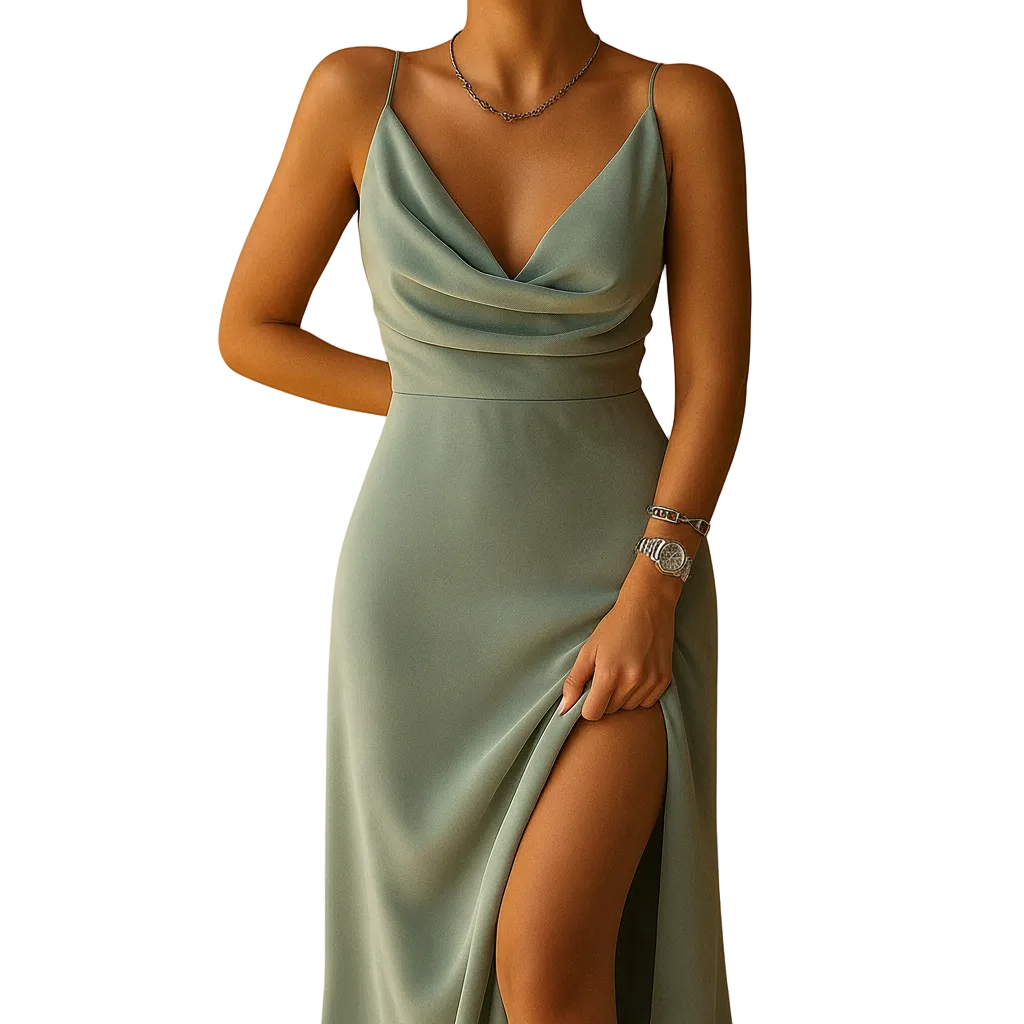 woman wearing V neck maxi dress with flowing silhouette shown in full front view outfit