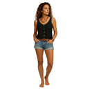 close up of V neck detail on sleeveless summer blouse