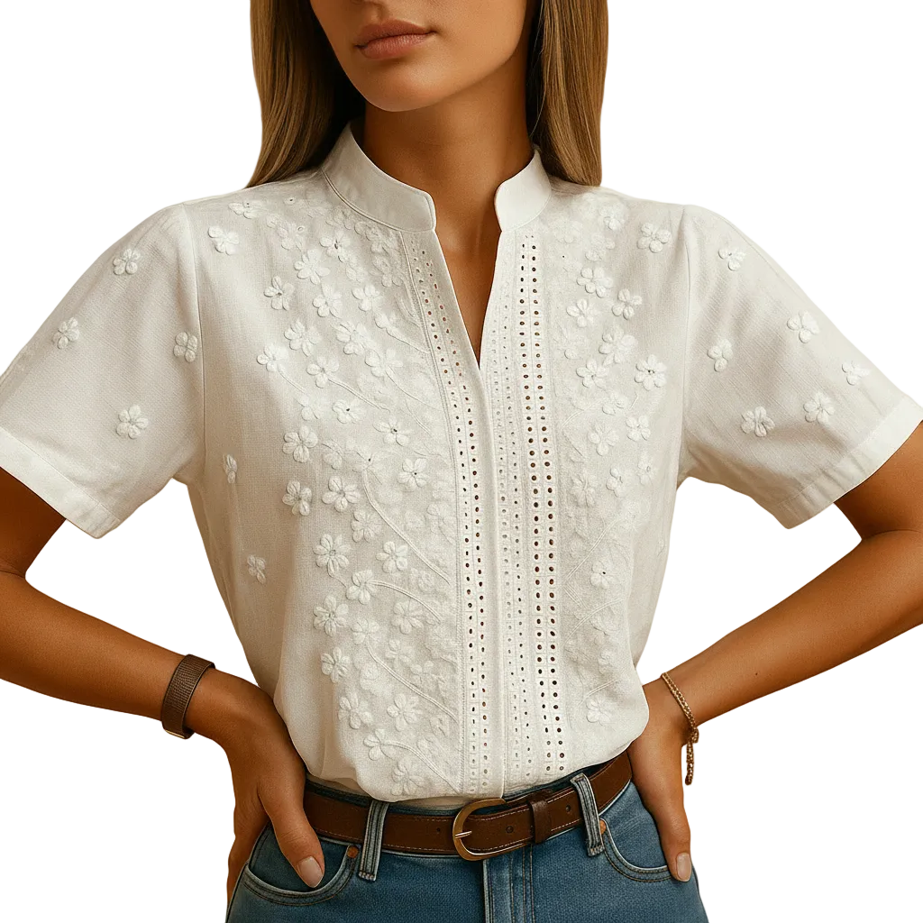 back view of white blouse showing classic collar and structured shape