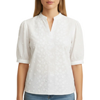 side view of white button blouse with lightweight structure and clean silhouette for women