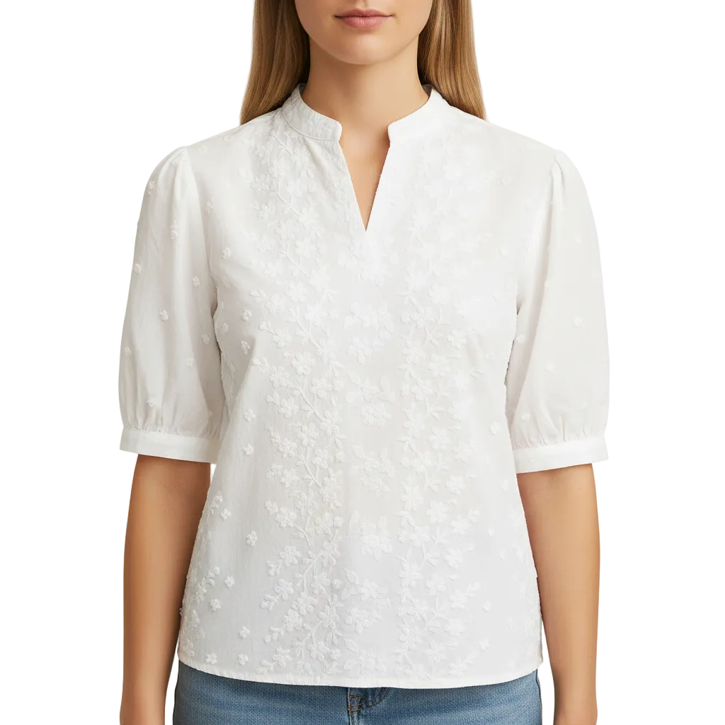 side view of white button blouse with lightweight structure and clean silhouette for women
