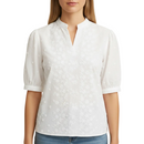side view of white button blouse with lightweight structure and clean silhouette for women