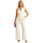 back view of wide leg wrap jumpsuit showing full length structure and clean silhouette