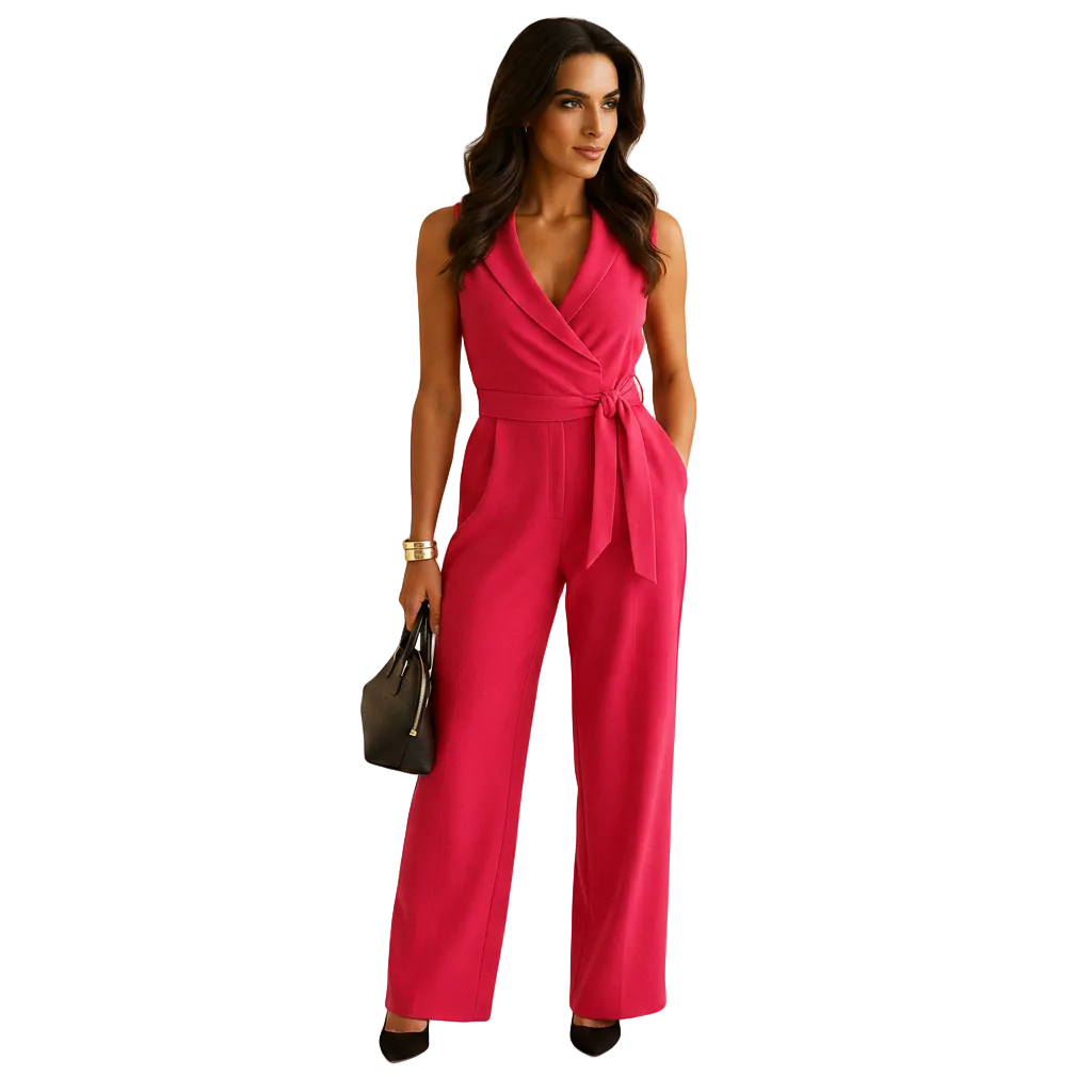 wide leg jumpsuit styled for formal occasion