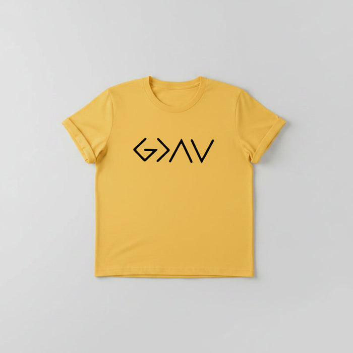 Yellow t-shirt with 'G>AV' design, paired with yellow sneakers and jeans on a wooden surface.