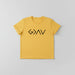 Yellow t-shirt with 'G>AV' design, paired with yellow sneakers and jeans on a wooden surface.