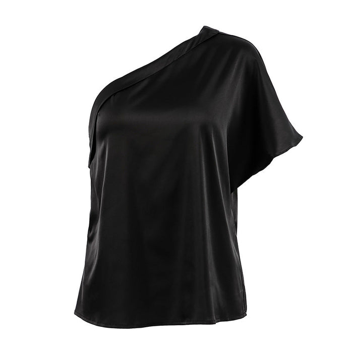 Black one-shoulder top on a white background