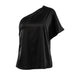 Black one-shoulder top on a white background