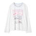 White long-sleeve shirt with colorful graphics and text on a white background