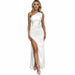 White one-shoulder dress with a high slit on a white background