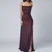 Burgundy evening gown with a slit on a white background